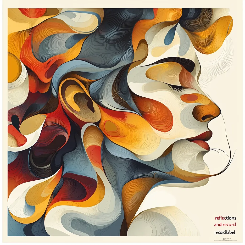 The image is an abstract portrait of a woman's face in profile.  Her features are suggested through swirling, layered lines and shapes in warm oranges, reds, and cool blues and grays. The style is reminiscent of digital art or graphic design, with a highly textured and almost three-dimensional effect. The colors blend seamlessly, creating a fluid and dreamlike quality. The bottom right corner features the text "reflections and record recordlabel," suggesting it's album or label art.