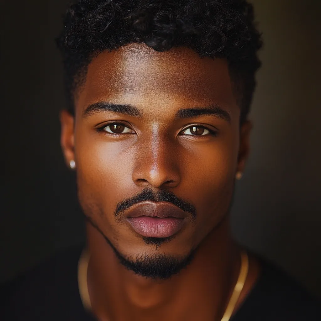 Close-up portrait of a young Black man with a dark, well-groomed goatee and short, curly hair. His skin is smooth and his features are sharp and defined, with expressive brown eyes that hold a serious yet captivating gaze.  He wears a simple dark shirt and a gold necklace partially visible. The background is blurred, keeping the focus solely on his face. The lighting enhances his skin's texture and highlights his strong jawline.