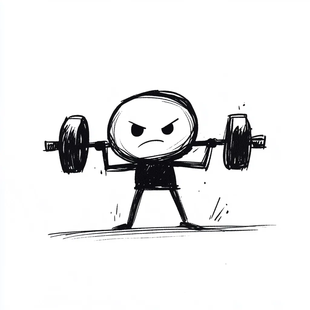 Here's a description of the image:

The illustration is a hand-drawn cartoon of a stick figure performing a barbell lift. The figure has a round head with a stern, almost angry expression. Its body is simple, with short, stubby limbs. The barbell is proportionally large, suggesting a significant weight. The style is sketchy and expressive, using bold black lines on a white background, with additional small scribbles indicating movement and effort. The overall impression is one of intense concentration and physical exertion.