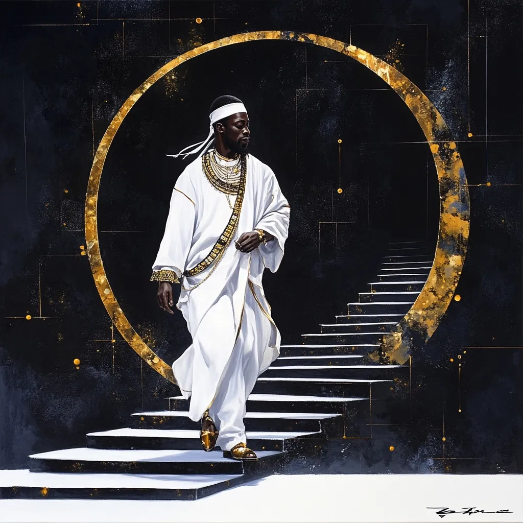 The painting depicts a regal Black man in a flowing white robe adorned with gold jewelry, ascending a grand staircase.  He strides confidently towards a large, luminous gold circle resembling a portal or gateway set against a dark, abstract background punctuated with gold accents. The image evokes themes of ascension, spirituality, and regal power, with a striking contrast between the figure's white attire and the dark, gold-highlighted background. The overall style is rich and sophisticated, blending realism with abstract elements.