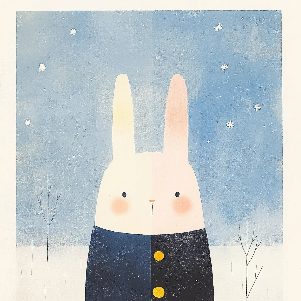 Here's a description of the image:

The illustration depicts a charming, stylized rabbit standing in a snowy landscape.  The rabbit is predominantly white with pale pink cheeks and ears, wearing a dark blue jacket with two gold buttons.  The background is a soft, muted blue, suggesting a twilight or snowy day, with small snowflakes scattered across it.  Bare, spindly trees flank the rabbit, adding to the wintery scene. The overall style is simple, sweet, and slightly textured, with a focus on soft colors and gentle lines.