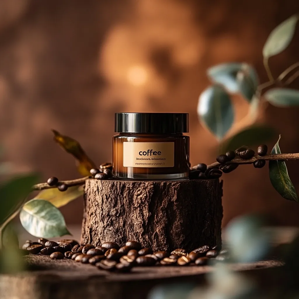 A dark brown jar of coffee-scented cream sits on a rustic tree stump.  Surrounding the jar are coffee beans scattered on the wood.  A coffee branch with leaves adds to the theme. The background is a blurred, warm brown, enhancing the product's rich appearance. The overall mood is sophisticated and natural, emphasizing the product's earthy and aromatic qualities.  The jar's label simply reads "Coffee" in a minimalist font.