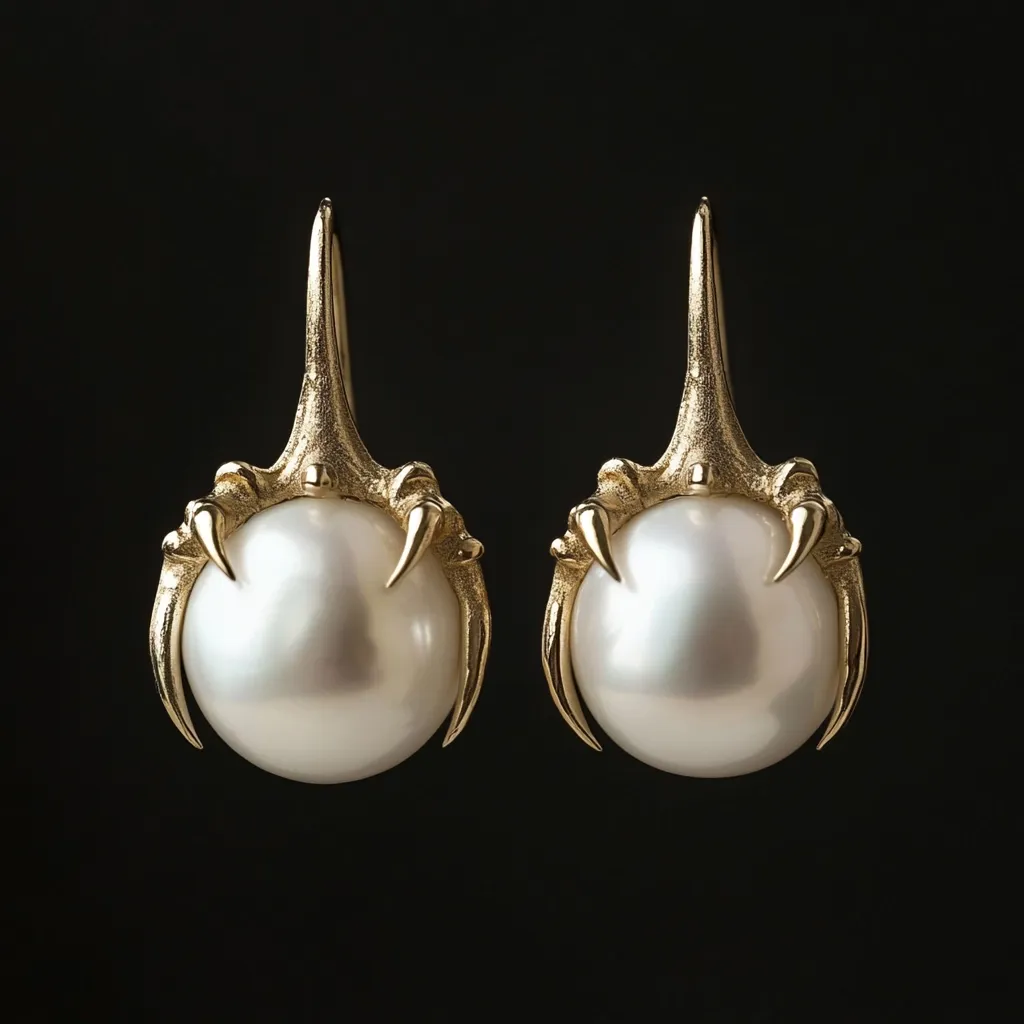 Here's a description of the image:

The image shows a pair of elegant earrings against a stark black background. Each earring features a lustrous, creamy-white pearl nestled within a gold setting.  The gold setting is intricately designed in the form of stylized claws or talons, giving the earrings a unique and slightly edgy aesthetic. The claws extend from a pointed, central element, creating a dramatic and eye-catching design. The overall impression is one of sophisticated yet bold jewelry.