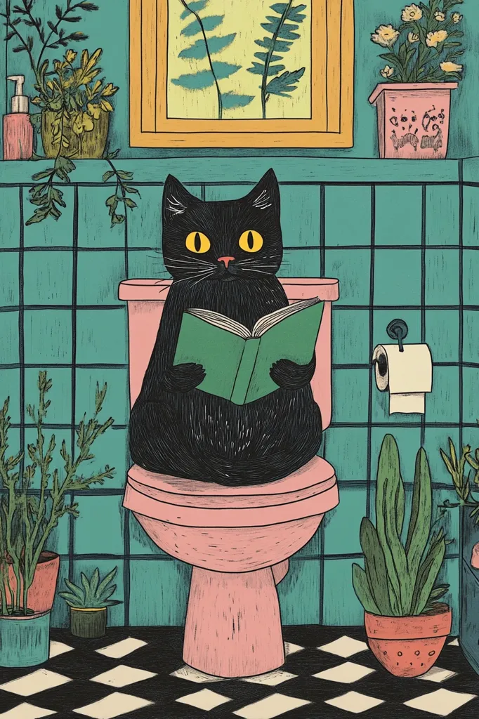 A black cat sits on a pink toilet in a teal-tiled bathroom, engrossed in a green book.  The bathroom features potted plants, a framed botanical print, and a roll of toilet paper. The floor is a black and white checkered pattern. The illustration style is reminiscent of vintage botanical prints, with bold lines and muted colors, creating a whimsical and slightly humorous scene.