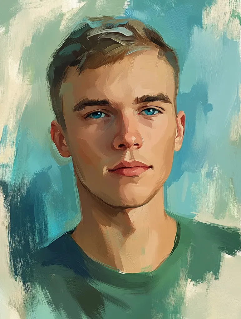 Here is a description of the image:

The painting is a stylized portrait of a young man with short, light brown hair and striking blue eyes.  His expression is serious and calm, almost pensive. He's wearing a simple, dark teal crew-neck shirt. The artist uses visible brushstrokes, creating a textured effect, especially noticeable in the background's teal and off-white hues. The style is painterly and expressive, rather than photorealistic, emphasizing the subject's features and the artist's technique. The overall mood is serene and contemplative.