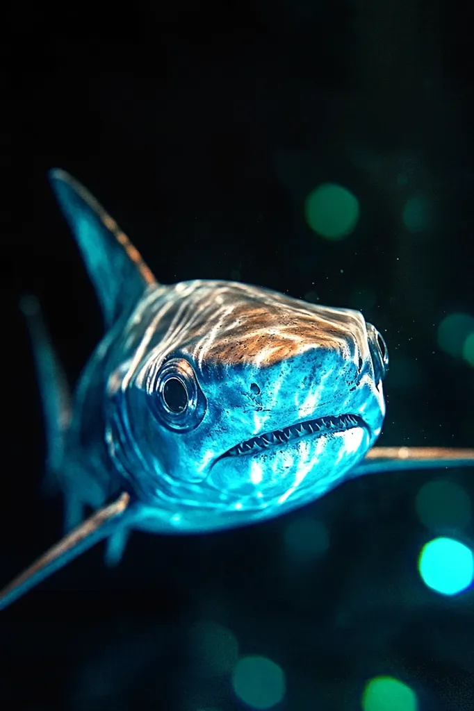 Close-up view of a blue shark, its body illuminated by an underwater light source, creating a striking contrast against the dark background. The shark's features are clearly visible, including its eyes, sharp teeth, and streamlined body.  The background is blurred, showing bokeh effects of out-of-focus lights, suggesting an underwater environment. The overall image is sharp, dramatic, and highlights the shark's powerful presence.