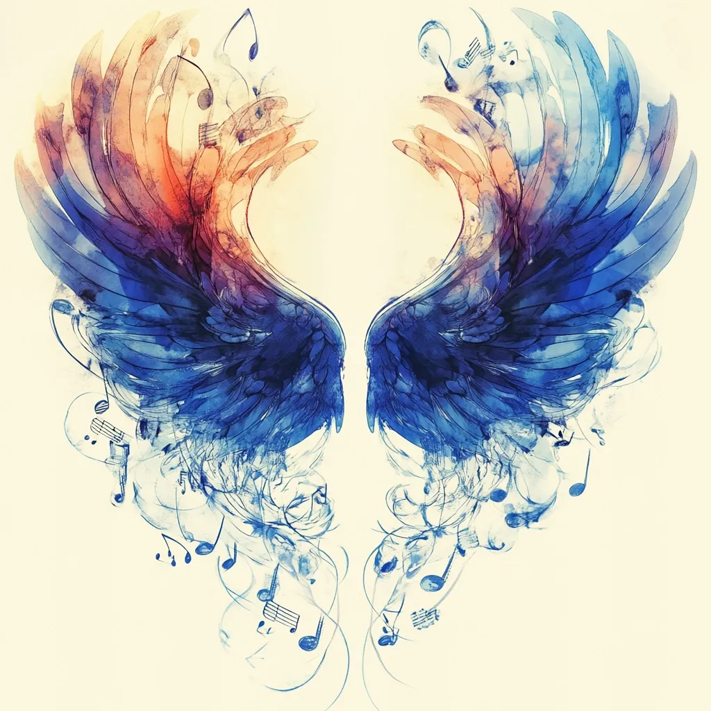 Here's a description of the image:

The artwork depicts a pair of stylized wings rendered in a watercolor style.  The wings are predominantly blue, transitioning to warmer orange and red tones near the top.  They are intricately detailed, suggesting a feathered texture.  Swirls of musical notes emanate from the wings, intertwining and flowing downwards, creating a sense of movement and ethereal beauty.  The background is a soft, off-white, allowing the vibrant colors of the wings and the delicate music notes to stand out.  The overall effect is dreamlike and evocative of artistic inspiration or freedom.