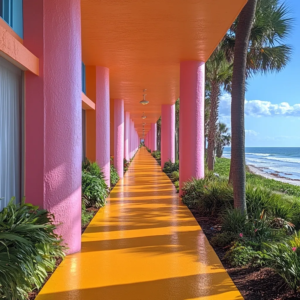 Here's a description of the image:

A vibrant yellow walkway, bordered by bright pink columns, stretches towards a sun-drenched ocean view.  Lush tropical greenery lines either side of the pathway, creating a sense of tropical serenity. The walkway's perspective creates a strong sense of depth, leading the eye to the horizon where the ocean meets a clear blue sky. The bright, saturated colors and architectural lines suggest a resort or hotel setting, embodying a cheerful and modern aesthetic.