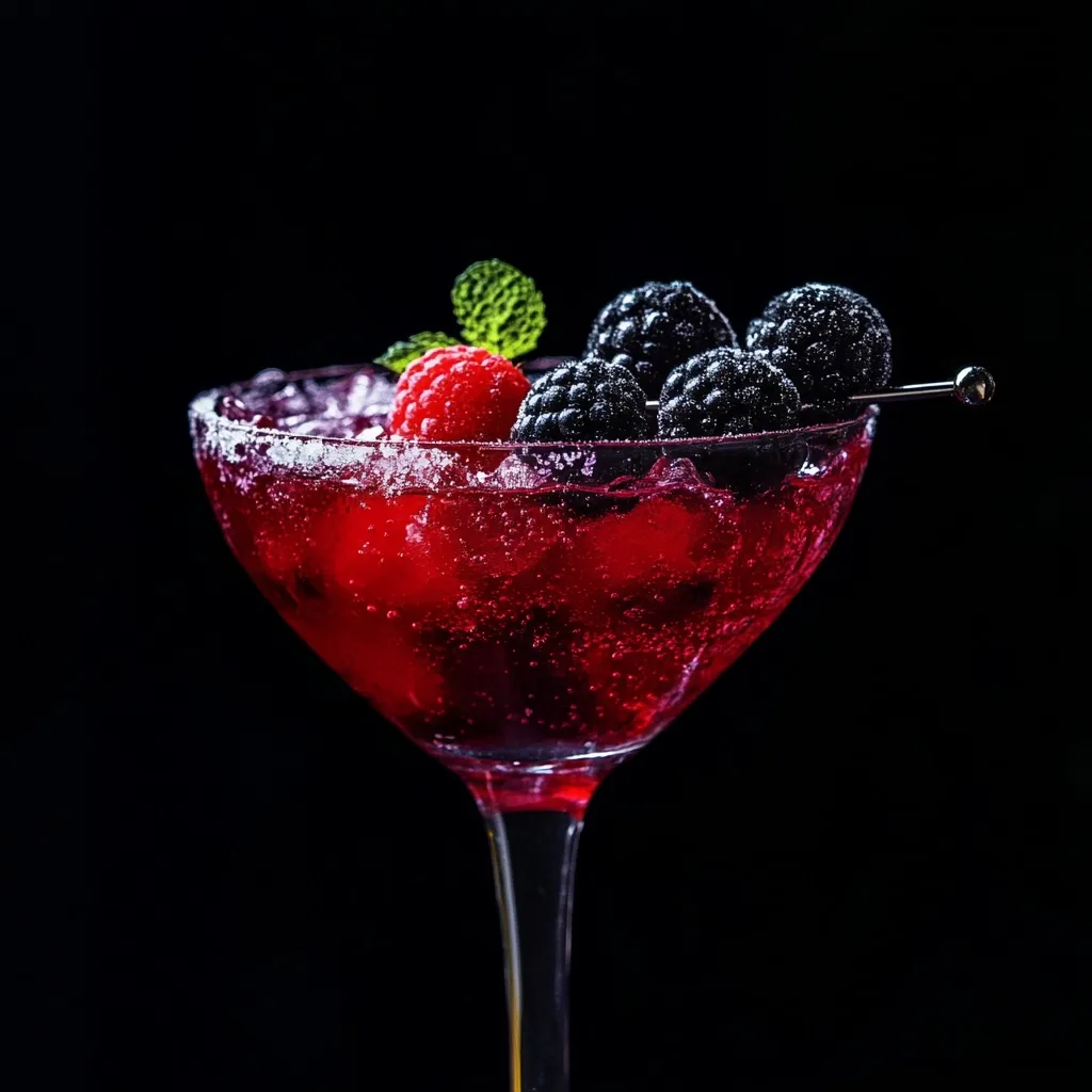 A close-up shot reveals a vibrant red cocktail, garnished with fresh raspberries and blackberries.  The drink is served in a stemmed coupe glass, its rim frosted with a sugary coating.  A sprig of mint adds a touch of green to the dark background, enhancing the cocktail's visually appealing composition. The image exudes a sense of sophistication and refreshment. A thin cocktail stirrer is subtly visible.