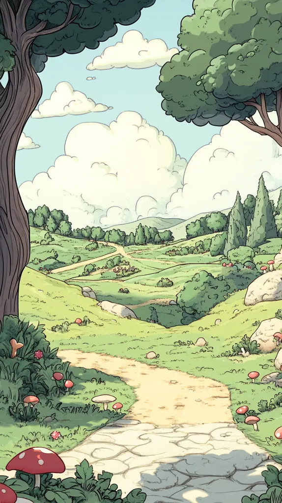 A whimsical illustration depicts a gently curving path winding through a verdant landscape.  Rolling hills, dotted with lush green trees and shrubs, stretch towards a pale blue sky filled with fluffy white clouds.  The path is bordered by vibrant wildflowers and toadstools, adding a touch of fantasy.  Large trees flank the path, creating a shaded, inviting atmosphere. The overall style is cartoonish and cheerful, suggesting a peaceful, idyllic setting.