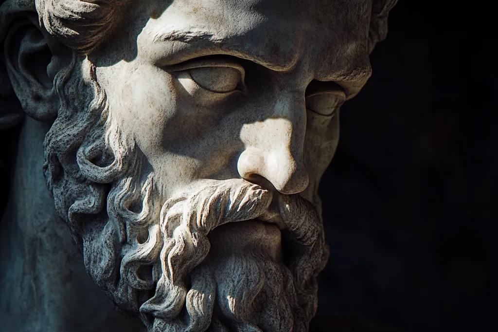 Here's a description of the image:

The close-up shot features a weathered, classical marble bust of a bearded man, possibly a god or philosopher.  Light dramatically illuminates one side of his face, highlighting the intricate detail of his furrowed brow, expressive eyes, and meticulously carved beard and hair.  The shadowed side contrasts sharply, emphasizing the texture of the stone and the passage of time. The overall effect is one of stoic contemplation or profound sadness, a timeless representation of human emotion rendered in stone.