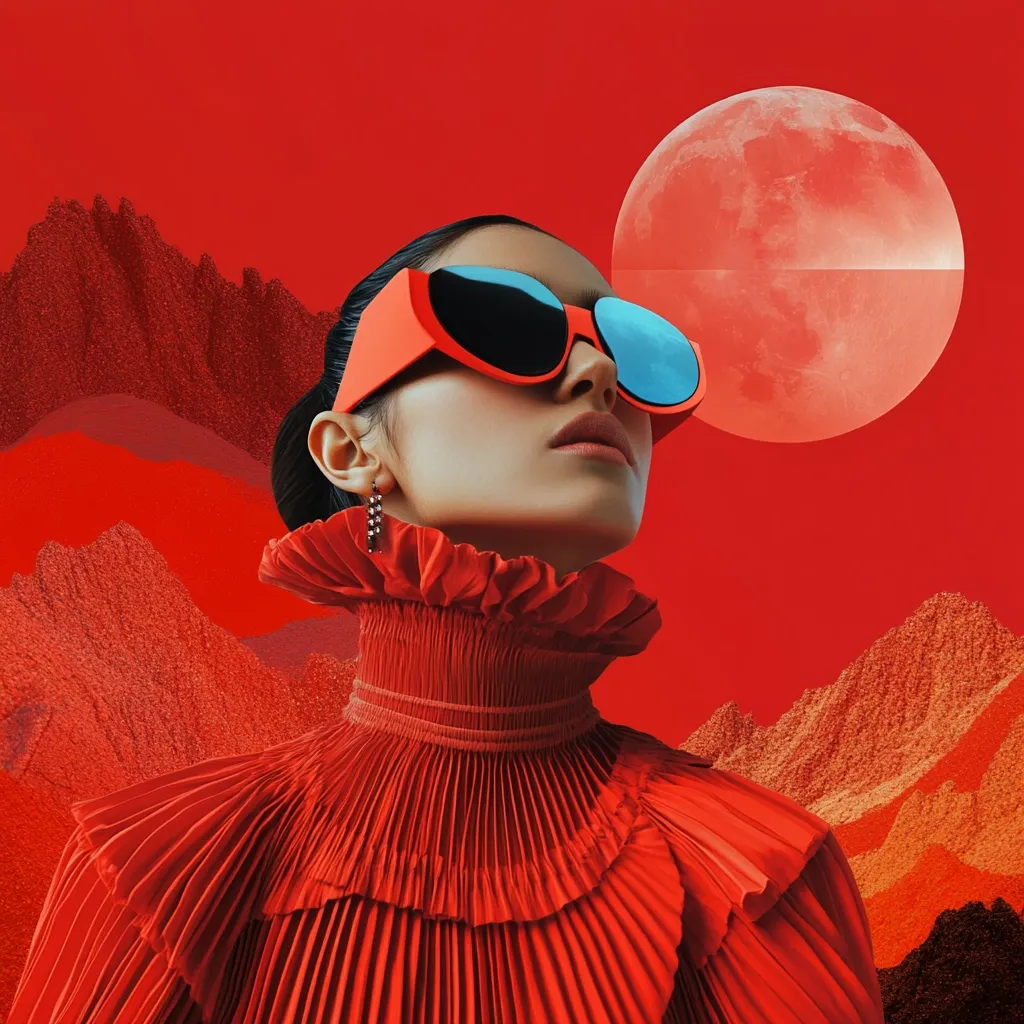 A fashion collage features a woman in a vibrant red pleated high-necked blouse and oversized red and blue sunglasses. Her gaze is directed upward towards a large, reddish moon in a red sky. The background includes textured, red and orange mountain-like forms, creating a dramatic and surreal landscape.  The overall effect is bold, monochromatic, and strikingly stylish.