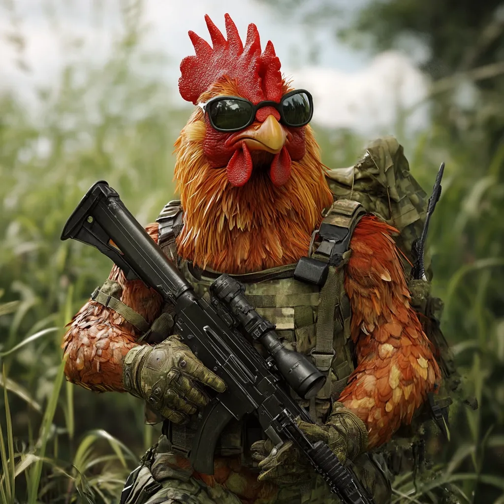 Here's a description of the image:

The image shows a rooster, seemingly anthropomorphic, in full camouflage military gear.  It wears sunglasses, a tactical vest, and carries an assault rifle with a scope.  The rooster's plumage is vividly colored, contrasting with the muted tones of its attire. The background is a blurred, lush green landscape suggesting a jungle or forested environment.  The overall impression is humorous and surreal, juxtaposing the unexpected combination of a rooster and military weaponry.