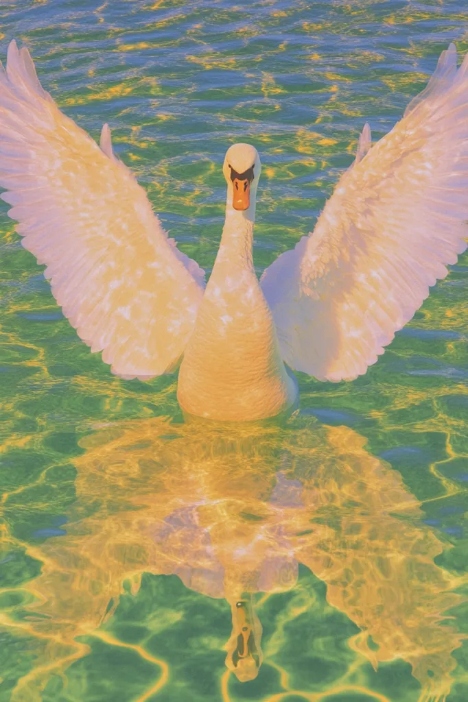 A serene image depicts a white swan gracefully poised in a shimmering body of water. Its wings are elegantly outstretched, creating a striking visual. The water's surface reflects a kaleidoscopic mix of greens and golds, enhanced by the warm, almost pastel-like lighting.  The swan's reflection is partially visible below, adding to the overall tranquil and aesthetically pleasing composition. The scene evokes a sense of peace and natural beauty.