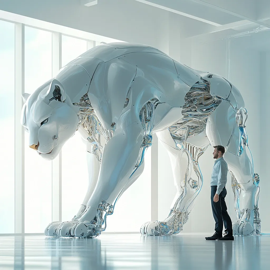 A large, white robotic panther stands in a minimalist, bright room. Its mechanical structure is visible through translucent panels, revealing intricate internal workings.  A man in a light blue shirt and dark trousers observes the robotic creature from a distance, creating a striking contrast between human and advanced technology.  The scene suggests a futuristic setting, possibly a laboratory or showcase, emphasizing the scale and detail of the robotic animal.