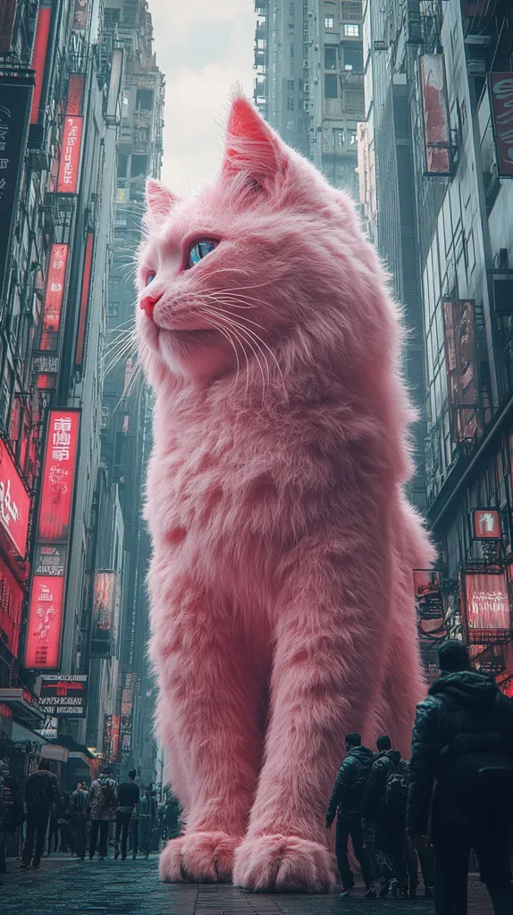 Here's a description of the image:

A gigantic, fluffy pink cat dominates the scene, its paws nearly reaching the ground in a narrow, Asian-style city street.  The cat's size dwarfs the humans, who appear as tiny figures walking among the tall buildings and vibrant signage. The cityscape is a blend of modern and possibly older architecture, with neon signs adding a futuristic touch to the otherwise somewhat gloomy atmosphere.  The overall impression is one of surreal juxtaposition, with the fantastical scale of the pink cat contrasting sharply with the realistic urban environment.