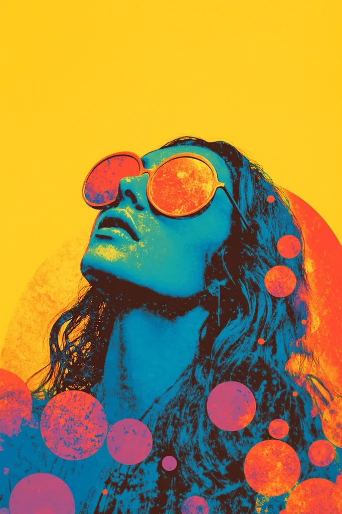 The image is a vibrant, stylized portrait of a woman. Her face is tilted upward,  eyes closed, wearing large, round, orange-red sunglasses. Her skin is rendered in shades of teal and blue, contrasting with the bright yellow background.  Surrounding her are textured circles in varying shades of orange, pink, and purple, suggesting a retro or psychedelic aesthetic. The overall effect is bold, energetic, and visually striking. The woman's long dark hair flows around her.  The colors and texture create a sense of movement and energy.