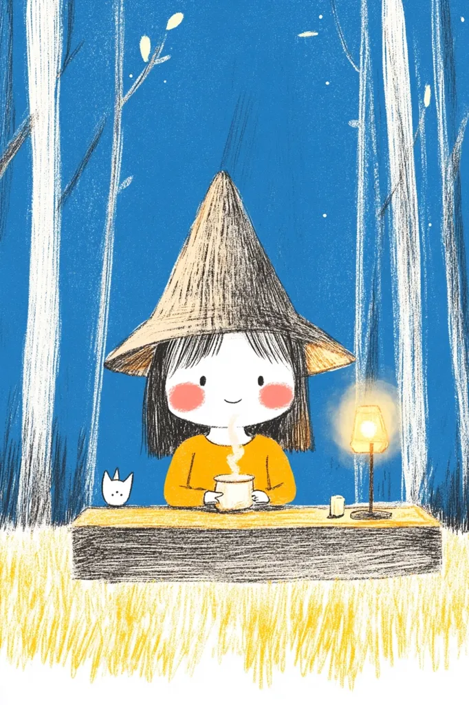 A whimsical illustration depicts a girl in a conical hat, seated at a small table in a forest at night.  She holds a warm drink, steam rising from the cup. A small, simple lamp illuminates the scene, casting a warm glow. The style is childlike, with textured brushstrokes creating a cozy, dreamlike atmosphere.  A tiny white cat sits on the table beside her, adding to the enchanting scene. The background is a deep blue, suggestive of twilight amongst tall, slender trees.