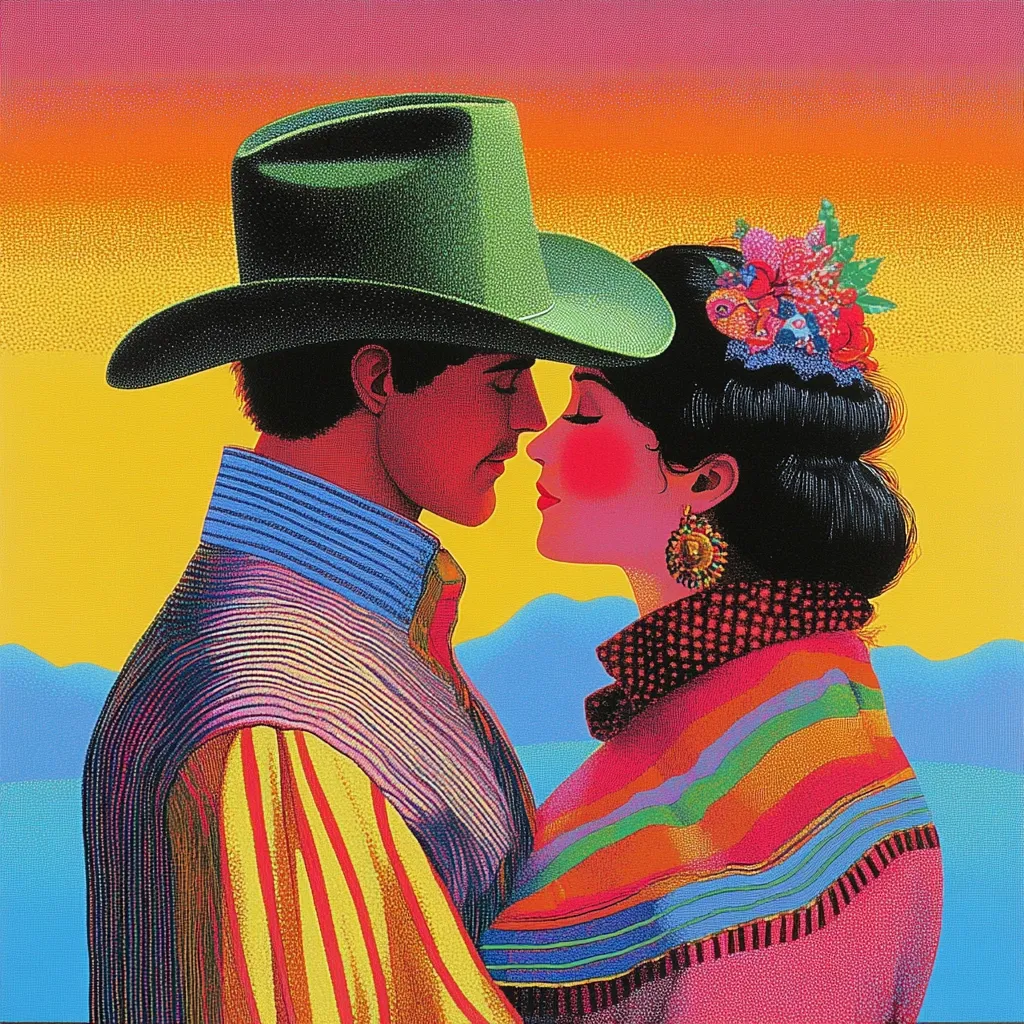 A vibrant, stylized artwork depicts a cowboy and a woman in traditional attire sharing a tender kiss against a sunset backdrop.  The cowboy wears a green hat and a brightly colored shirt, while the woman is adorned with a floral headdress and a rainbow-striped shawl.  Their faces are close, their eyes closed in intimacy. The bold colors and pointillist style create a striking, almost pop art effect, emphasizing the romantic scene. The overall feeling is one of passionate love and cultural fusion.