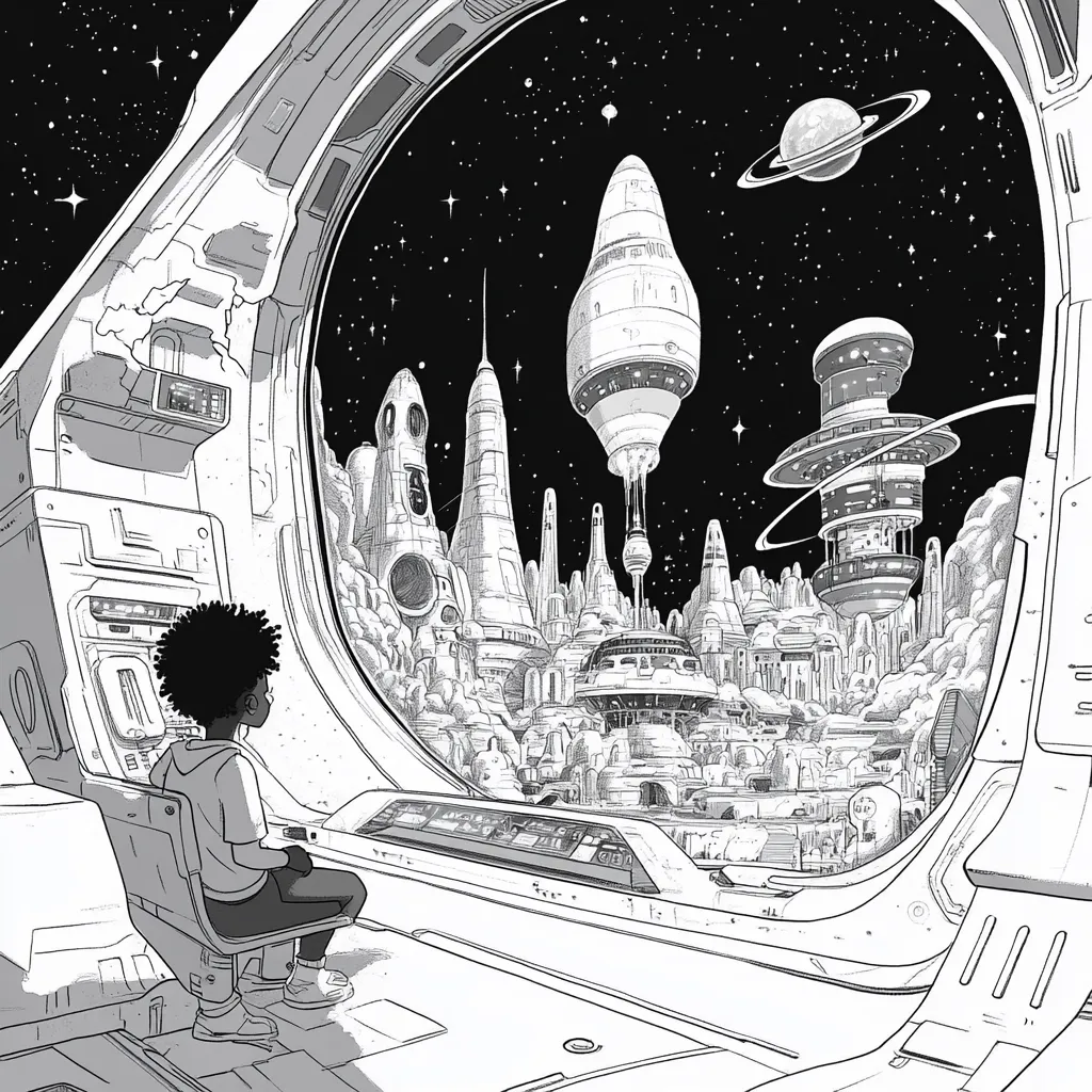 A black and white illustration depicts a young person seated in a spaceship cockpit, gazing out at a futuristic cityscape nestled on a cloudy planet.  The city features tall, slender buildings with distinctive architectural designs, suggesting advanced technology.  A ringed planet hangs in the inky blackness of space, punctuated by stars. The scene is rendered in a detailed, graphic novel style, emphasizing the contrast between the child's quiet observation and the bustling, fantastical world beyond.