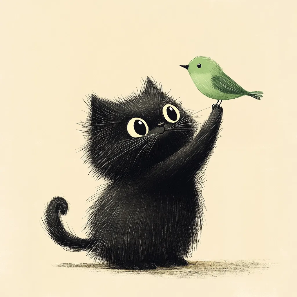 Here's a description of the image:

The illustration showcases a charming black kitten with oversized, expressive eyes, gently holding a small, light green bird in its paws. The kitten's fluffy fur is meticulously detailed, giving it a soft, almost plush appearance. Its pose is endearing, suggesting a playful interaction rather than predatory intent.  The background is a simple, muted beige, drawing all attention to the central figures. The overall style is whimsical and slightly cartoonish, evoking a sense of warmth and gentle companionship.
