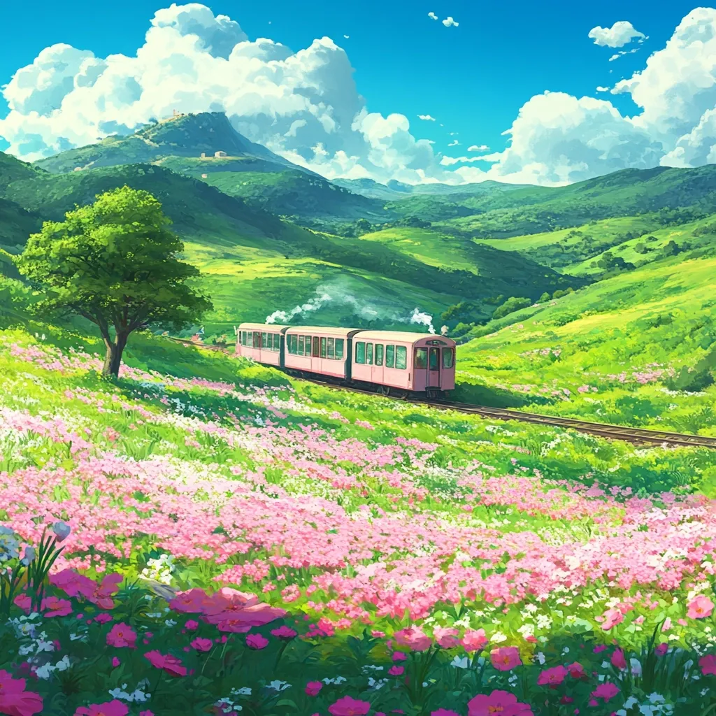 A pastel-pink train chugs along a railway track winding through a vibrant meadow.  Bright pink and white flowers blanket the landscape, stretching to rolling green hills under a clear blue sky dotted with fluffy white clouds. A lone tree stands near the track, adding a touch of solitude to the idyllic scene.  In the distance, a hilltop features a small structure, possibly a village or building. The overall impression is one of serene beauty and peaceful countryside charm.