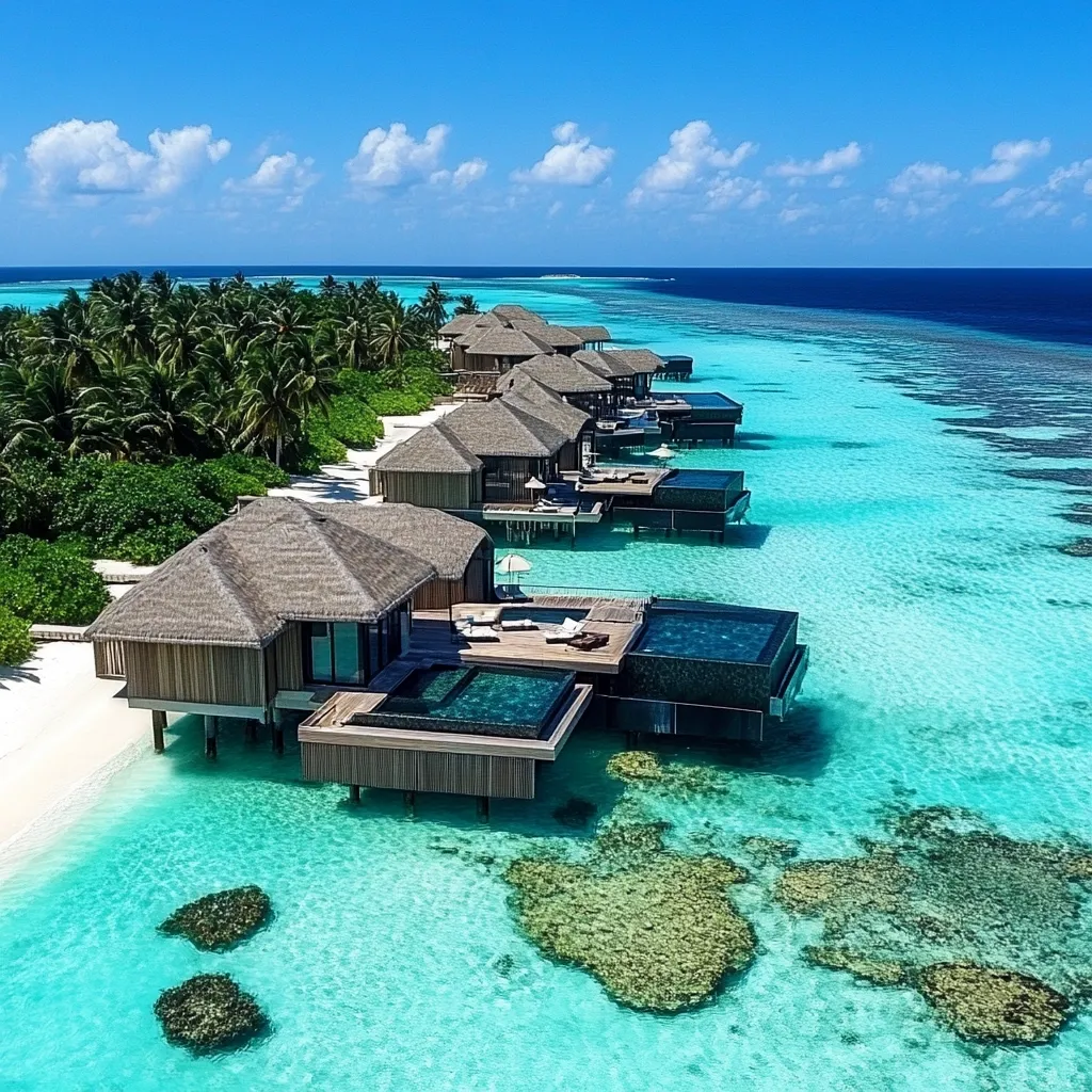 An aerial view showcases a luxurious overwater bungalow resort nestled on a pristine Maldivian beach.  Multiple bungalows, featuring thatched roofs and private plunge pools, extend over turquoise water teeming with vibrant coral reefs. Lush tropical vegetation borders the white sand beach, contrasting with the azure ocean stretching to the horizon under a bright blue sky. The scene evokes tranquility and ultimate relaxation.