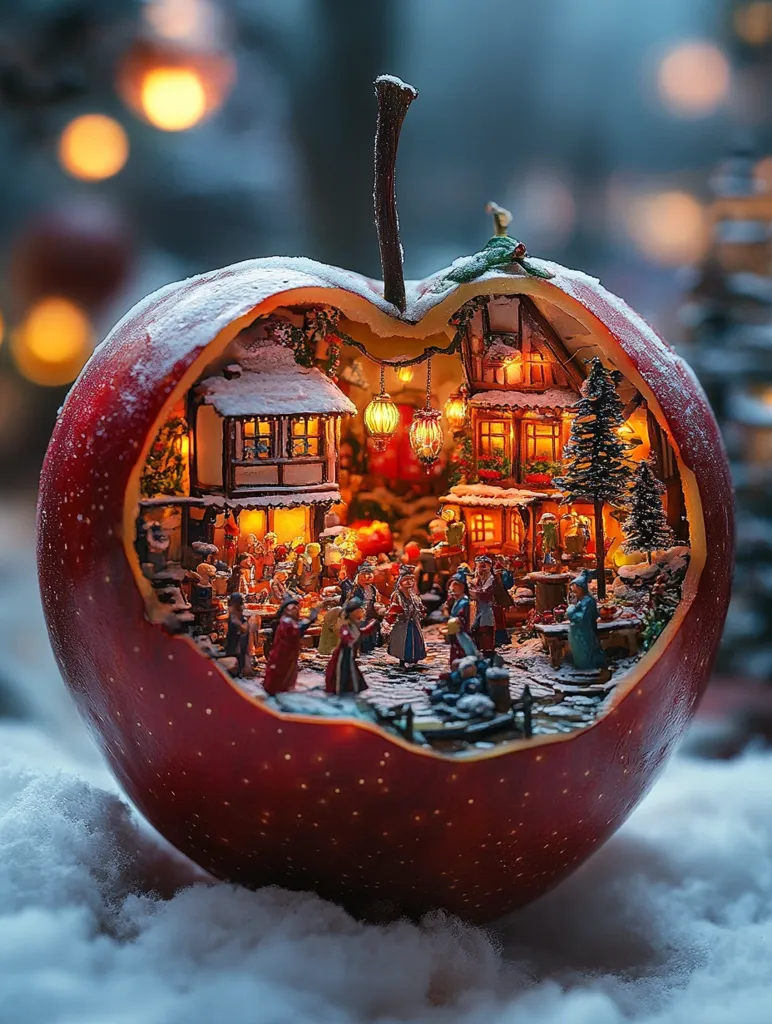 A whimsical scene unfolds inside a hollowed-out red apple, dusted with snow.  Miniature houses, lit with warm internal lights, form a quaint village. Tiny figures, dressed in festive attire, populate the snowy streets.  The apple rests on a bed of snow, with a blurry bokeh background suggesting a festive, outdoor setting. The overall effect is enchanting, resembling a tiny, magical Christmas village.