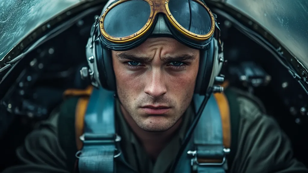 Close-up view of a young pilot, his face etched with intensity, seated within the cockpit of a vintage aircraft.  He wears aviator goggles with gold rims and a leather flight helmet with headphones.  The dark, moody lighting and the blurred background emphasize the pilot's serious expression and the aircraft's worn metallic surfaces. The image evokes a sense of wartime history or a dramatic aerial mission.
