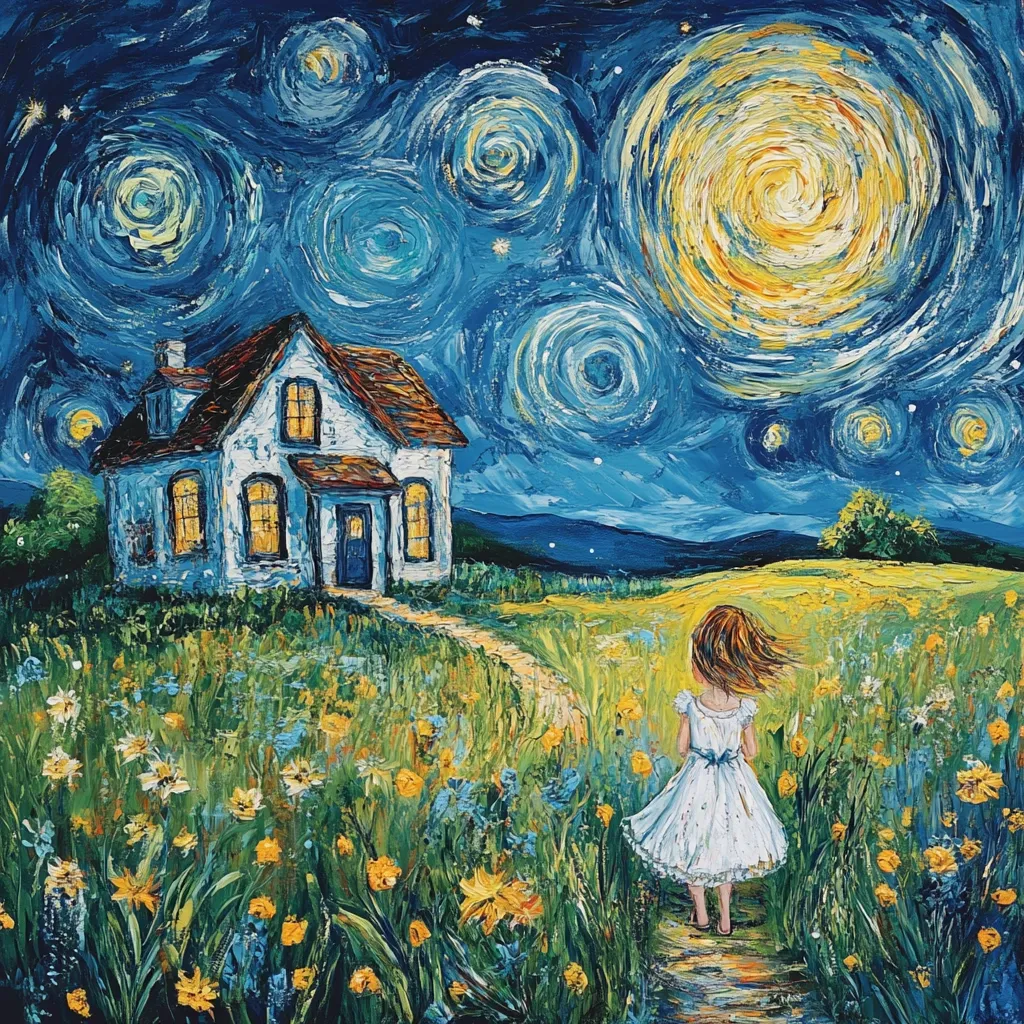 Here's a description of the image:

The painting evokes a whimsical, dreamlike scene reminiscent of Van Gogh's style. A young girl in a white dress walks a path towards a small, white house nestled in a field of vibrant yellow and blue wildflowers. The night sky above is a swirling masterpiece of blues and yellows, dotted with stars and large, expressive circular brushstrokes mimicking the moon and celestial bodies.  The impasto technique adds texture and depth, creating a feeling of movement and wonder. The overall mood is peaceful and enchanting.