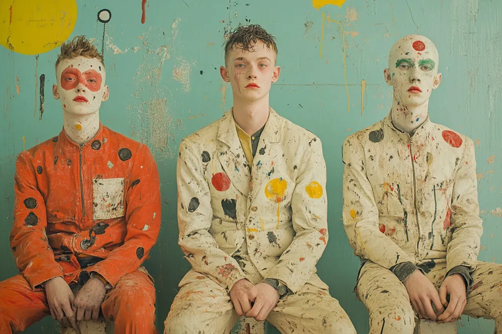 Three young men sit against a teal wall splashed with paint.  Each wears paint-splattered clothing; one in an orange jumpsuit, another in an off-white suit, and the third in an off-white jumpsuit.  Their faces are partially painted with colorful dots and circles.  The overall aesthetic is one of playful, artistic rebellion, set against a backdrop of textured, imperfect walls, suggesting a creative workspace or studio.  The image has a slightly vintage or faded quality.