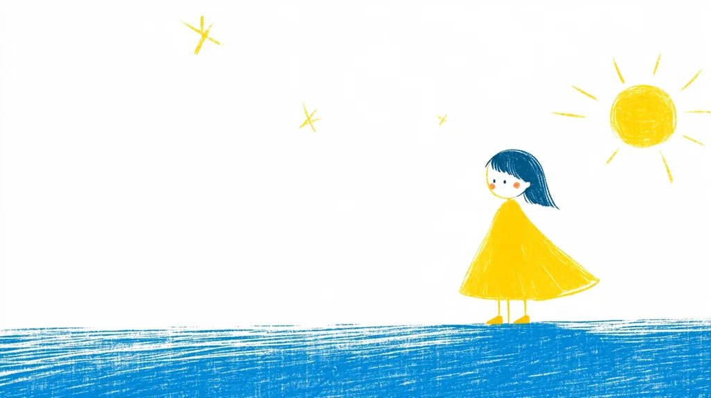 A childlike drawing depicts a girl in a yellow dress standing on a blue horizontal line representing the sea or ground.  The sun shines brightly in the upper right corner, and small yellow stars are scattered across the white background. The style is simple, using crayon-like strokes, creating a cheerful and carefree mood.  The overall impression is one of innocence and happiness.