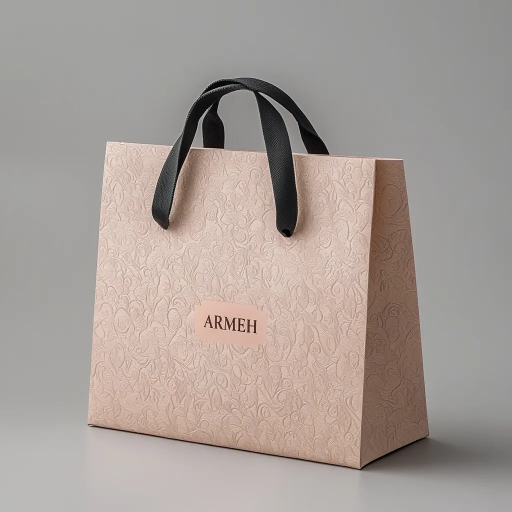 Here's a description of the image:

The image shows a light pink shopping bag with a textured, embossed floral pattern.  The bag features black ribbon handles and a small, rectangular rose gold label reading "ARMEH" prominently displayed on the front. The bag is presented against a neutral gray background, showcasing its details and elegant design. The lighting is soft and even, highlighting the bag's texture and color. The overall impression is one of sophistication and high-end branding.