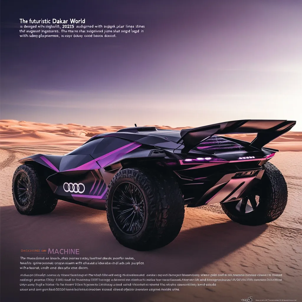 Here's a description of the image:

The image showcases a futuristic, dark purple and black off-road vehicle, possibly a concept car for a Dakar rally. It's positioned on a sandy desert landscape, emphasizing its rugged design.  Sharp lines and glowing accents are visible, enhancing its sleek, aggressive aesthetic. The background is a hazy, desert sunset, contrasting with the vehicle's modern, high-tech features. Text overlays provide details about the vehicle's design and the “futuristic Dakar World” it inhabits. The Audi logo is prominently displayed.