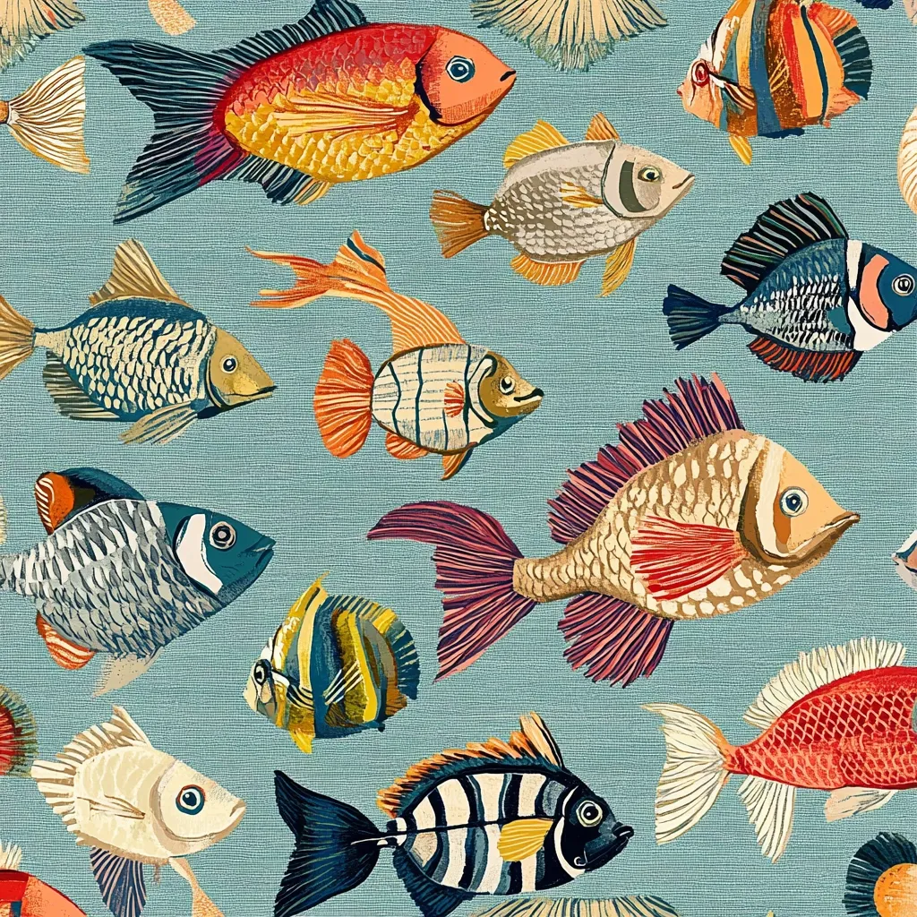 Here's a description of the image:

The image is a vibrant, stylized textile print featuring a variety of colorful fish on a teal background.  The fish are depicted in a whimsical, almost folk-art style with bold outlines and rich, saturated colors.  Different species are shown, some with long flowing fins and others with shorter, more compact forms.  The overall pattern is dense, with fish overlapping and creating a lively underwater scene.  The texture of the background suggests a linen or canvas-like material. The color palette includes oranges, reds, yellows, blues, and grays, creating a cheerful and eye-catching design.