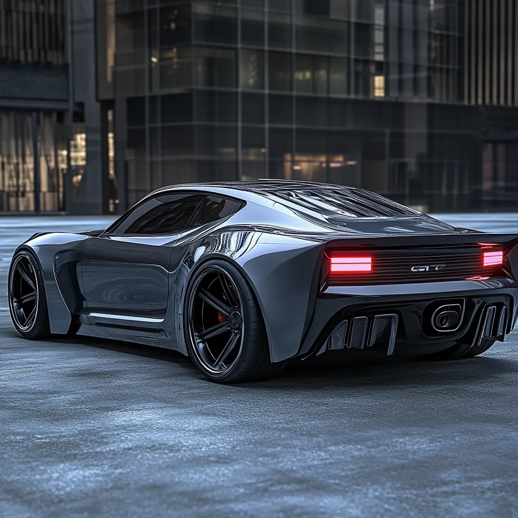 A sleek, dark gray concept car, possibly a GT model, is parked on a city street.  Its design is modern and futuristic, with sharp lines, large wheels, and distinctive rear lights. The car's metallic finish reflects the city's muted tones in the background. The overall image conveys a sense of speed and high-end design. The background consists of a modern glass and steel building, suggesting an urban setting.