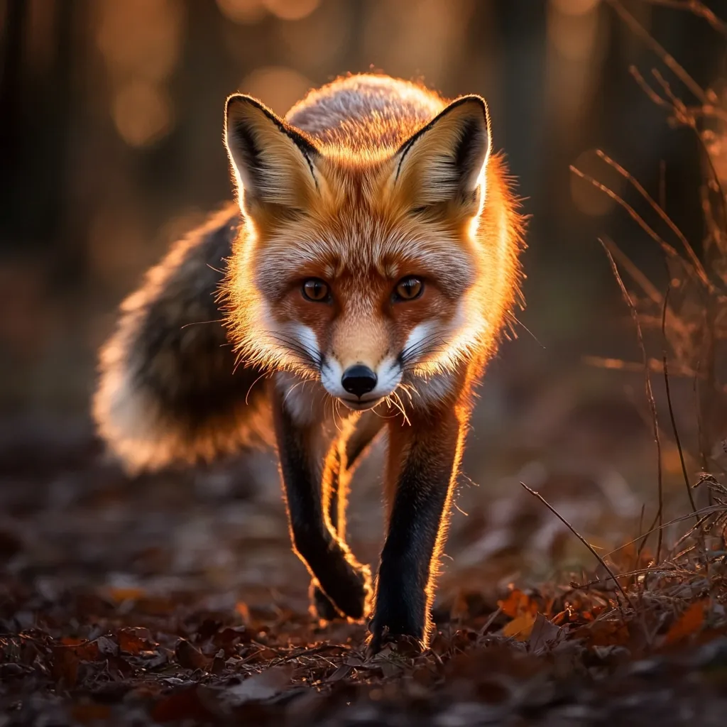 Here is a description of the image:

A red fox walks toward the camera in a forest at sunset.  The low sun bathes the fox in a warm, golden light, highlighting its vibrant fur and emphasizing its alert posture.  Its bushy tail trails behind, partially obscured by the low light.  The background is blurred, suggesting a depth of field focusing on the animal. The ground is covered in fallen leaves and twigs, consistent with a woodland setting.  The overall impression is one of beauty and wildness.