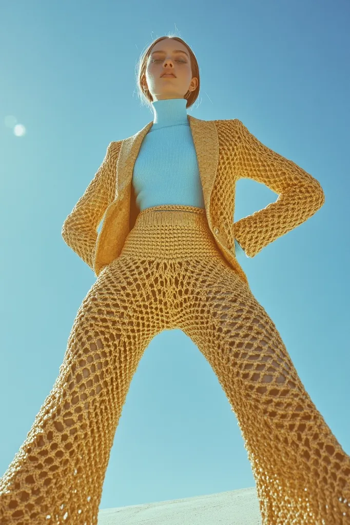 Here's a description of the image:

The photograph features a fashion model, viewed from a low angle, standing against a clear, bright blue sky. She is wearing a striking, mustard-yellow crocheted pantsuit. The pants are wide-legged and feature a delicate, open-knit design, creating a see-through effect. Underneath, she wears a light teal turtleneck sweater. The overall style is bold and contemporary with a hint of retro influence. The model's posture is confident and direct, her gaze meeting the camera. The setting appears to be outdoors, on a light-colored, possibly sandy surface. The image is sharply focused, emphasizing the texture of the clothing and the model's features. The bright lighting and color contrast contribute to a striking and memorable visual.
