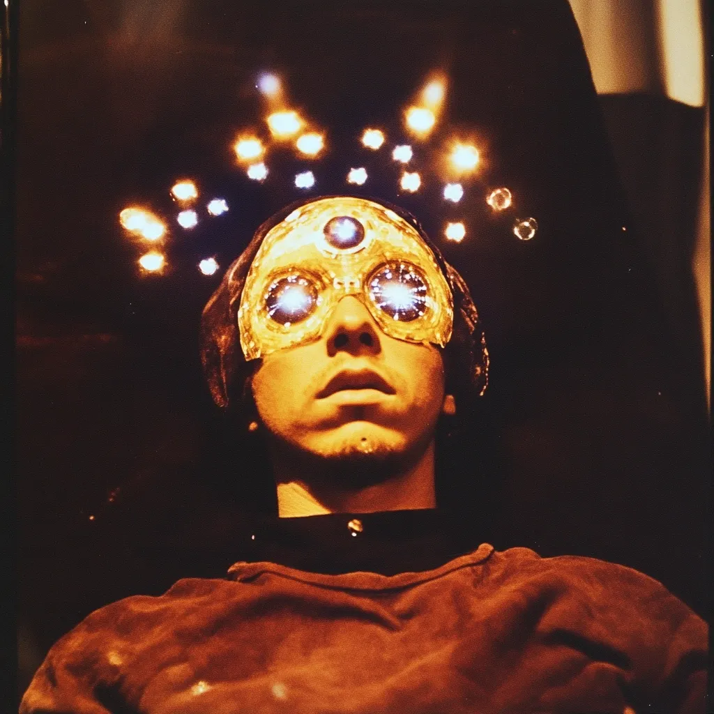 Here's a description of the image:

The photograph shows a person reclining, seemingly undergoing some kind of sensory or neurological procedure. They wear a unique mask covering their eyes, featuring a central, glowing third eye and radiating lights.  Surrounding the mask is a halo of bright spots, suggesting some form of light stimulation or energy field. The overall tone is dark and moody, with warm, amber lighting emphasizing the mystical and possibly experimental nature of the scene. The subject's expression is serene yet intense.  The image evokes a feeling of mystery and exploration into altered states of consciousness.