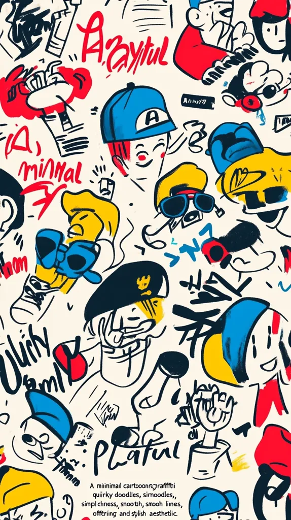 Here's a description of the image:

The image is a vibrant, playful collage of cartoon-style doodles and graffiti-inspired lettering.  It features a multitude of quirky characters with bold outlines and bright, contrasting colors – predominantly yellows, blues, and reds against a cream background. The style is minimalist yet expressive, employing simple lines and shapes to create a fun and energetic aesthetic.  Text elements like "Playful," "Minimal," and "A-Crayful" add to the overall mood, suggesting a carefree and creative vibe.  The overall impression is one of youthful energy and artistic freedom.