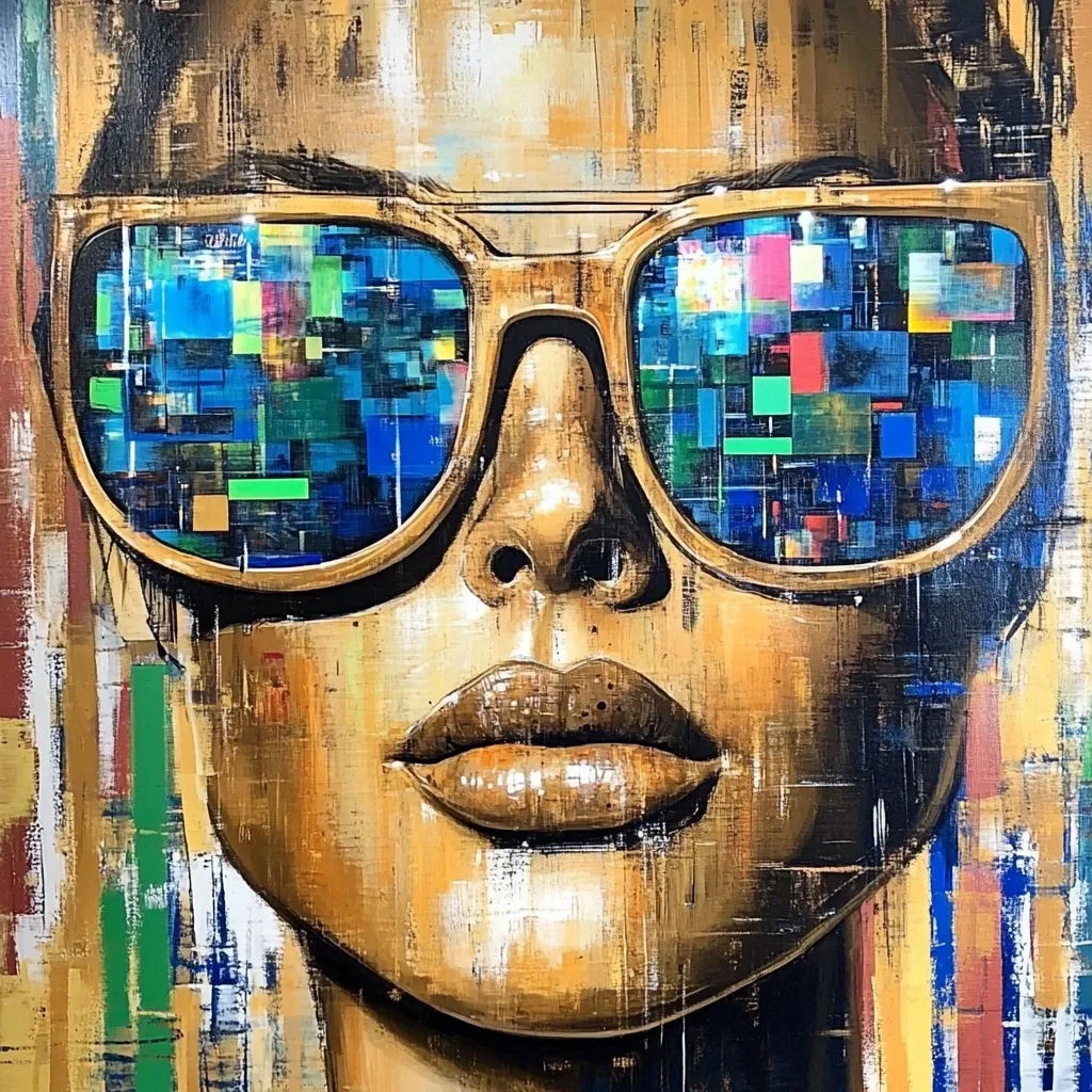 Here's a description of the image:

The artwork is a stylized portrait of a woman's face, rendered in a vibrant, textured impasto style. Her large sunglasses reflect a fragmented, pixelated scene of blues, greens, and other colors, suggesting a digital or technological theme. The woman's face is painted with bold strokes, emphasizing her features, particularly her full lips and strong nose. The background is a chaotic mix of colorful vertical stripes and brushstrokes, contrasting with the more defined face. The overall effect is modern, expressive, and slightly abstract.