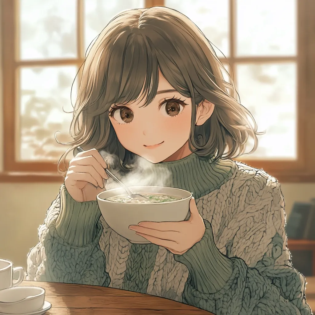 Here's a description of the image:

The illustration depicts an anime-style girl with shoulder-length brown hair, large brown eyes, and rosy cheeks. She's wearing a light teal, chunky knit sweater and is seated at a wooden table,  carefully holding a bowl of steaming soup.  A spoon is poised near the bowl's edge.  Sunlight streams through a window behind her, illuminating the scene with a warm, soft light.  The overall style is gentle and peaceful, emphasizing a cozy and heartwarming atmosphere.  A partially visible cup and saucer sit on the table to her left.