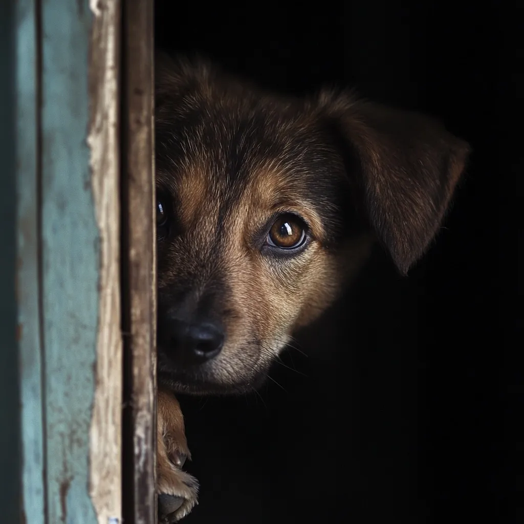 A young, brown and black mixed-breed puppy peers from behind a weathered teal doorjamb.  Only its head and a paw are visible, its large, expressive eyes gazing intently.  The dark background contrasts sharply with the puppy's fur and the worn wood, creating a dramatic and somewhat melancholic mood.  The image suggests vulnerability and a sense of being hidden or overlooked.