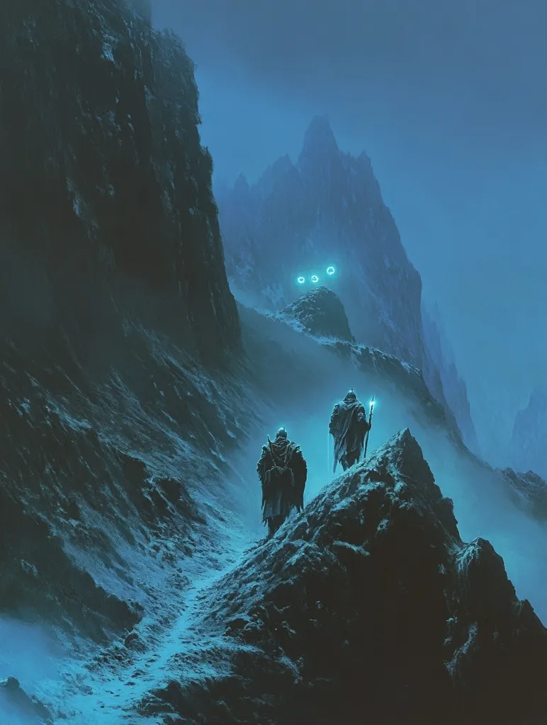 Two cloaked figures trek along a narrow, snow-dusted mountain path at twilight.  The path winds through a stark, icy landscape of jagged peaks and deep shadows. A faint, ethereal glow emanates from three circular lights perched high on a distant ridge.  The scene evokes a sense of mystery and adventure, possibly a journey into an unknown or magical realm. The overall color palette is a cool, muted blue.