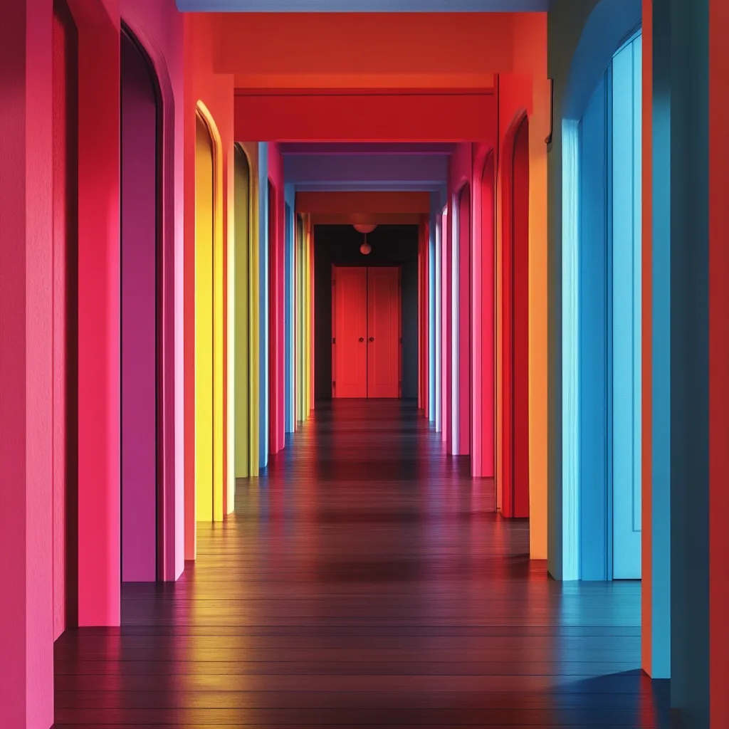 A vibrant hallway stretches into the distance, its walls a spectrum of bold colors—bright pinks, reds, oranges, yellows, and blues.  The walls are composed of numerous closely spaced, tall, rectangular panels, each a different hue, creating a kaleidoscopic effect.  A dark wooden floor reflects the intense colors, and a single red door at the end of the corridor provides a focal point. The overall impression is one of striking visual impact and playful energy.