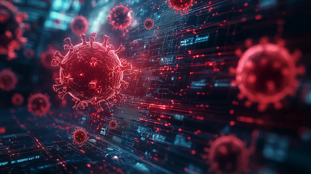 The image is a digital rendering depicting numerous red coronavirus particles floating against a background of a complex, glowing blue and red circuit board.  The central focus is a large, detailed virus, while smaller ones appear throughout the scene, creating a sense of depth and scale.  The overall effect suggests a visual representation of a digital or technological aspect of the pandemic, possibly relating to data analysis, tracking, or spread.