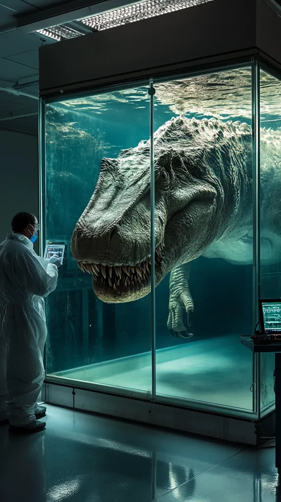 Here's a description of the image:

The image shows a large Tyrannosaurus Rex submerged in a massive, glass-walled aquarium. A scientist, clad in a white protective suit and face mask, stands before it, holding a tablet.  The aquarium is modern and sleek, situated in a sterile, industrial-looking environment. The T-Rex appears life-sized and remarkably detailed, its imposing form dominating the scene. The overall mood is a blend of scientific curiosity and awe, perhaps hinting at a futuristic or experimental setting.