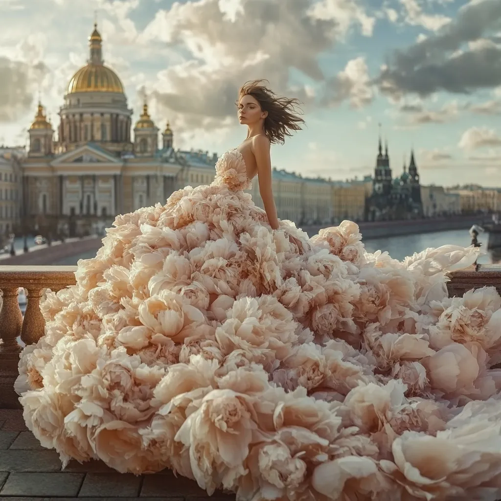 A breathtaking bride, poised on a balustrade, wears a voluminous blush-colored gown.  The dress, resembling a cascade of oversized peonies, dramatically trails behind her.  The backdrop features a stunning cityscape, dominated by a grand golden-domed cathedral and classical buildings along a tranquil waterway.  The scene is bathed in soft, golden sunlight, creating a romantic and ethereal atmosphere.