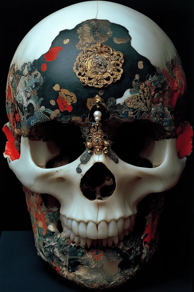 A human skull is adorned with intricate detail.  The skull's surface is partially covered in a dark, textured material featuring fragments of what appears to be painted floral designs and gold leaf accents.  Gold jewelry, including a large ornate brooch and a smaller pendant, is affixed to the skull.  The overall effect is both macabre and ornate, suggesting a piece of art or a memento mori. The skull itself is pristine, contrasting with the aged and decaying look of the applied decorations.