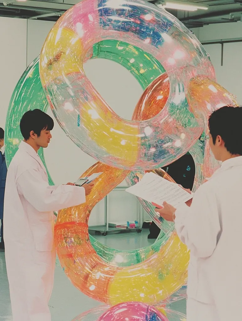 Two individuals in light pink lab coats stand amidst a large, interconnected sculpture of translucent inflatable rings. The rings are multicolored, with hues of pink, orange, yellow, and green, and exhibit a shimmering, almost iridescent quality.  The scene appears to be indoors, in a bright, minimalist setting. One person holds a small device, while the other holds papers, suggesting a possible art installation or scientific observation. The overall atmosphere is calm and contemplative.
